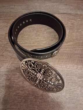 Roper Black Leather Belt with Silver Filigree Oval Buckle